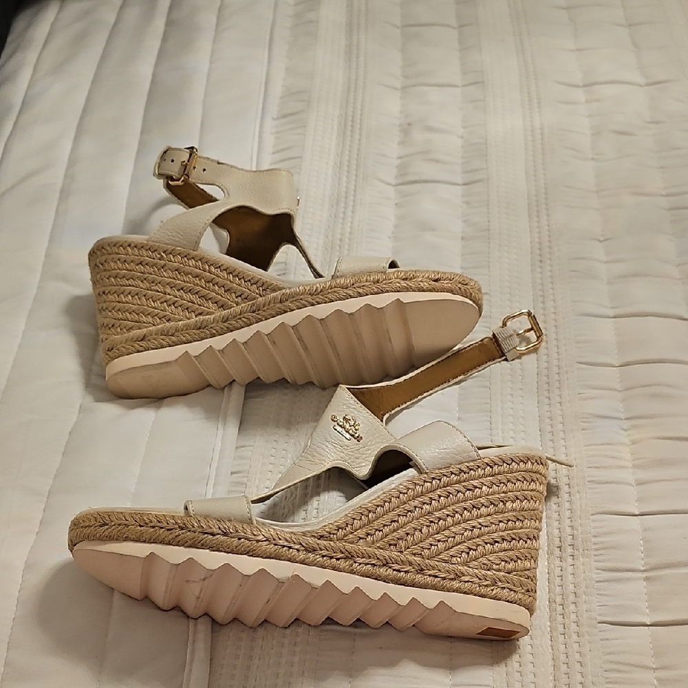 Coach Women's Cream and Tan Wedge Sandals
